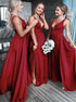 A Line Backless Burgundy V Neck Split Bridesmaid Dress LBQB0039